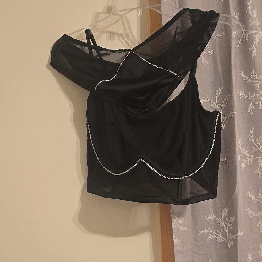 Auden Black Sheer One-Shoulder Rhinestone Trim Bra Top